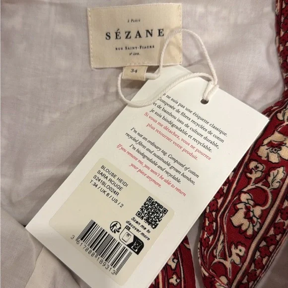 Sezane *TOP ONLY!* Heidi Blouse NWT! in Sara Red Colorway Size 2 - Picture 4 of 5